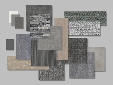 Flooring swatch collection with diverse textures and colors Assorted flooring swatches in various textures and colors including grey, blue, beige, and white