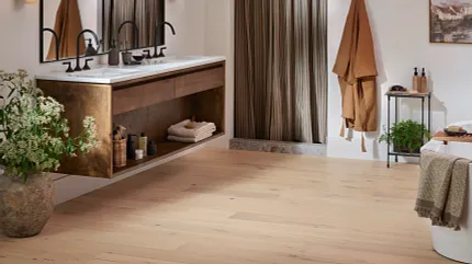 Light Hardwood Flooring in Stylish Modern Bathroom Elegant bathroom with light hardwood flooring