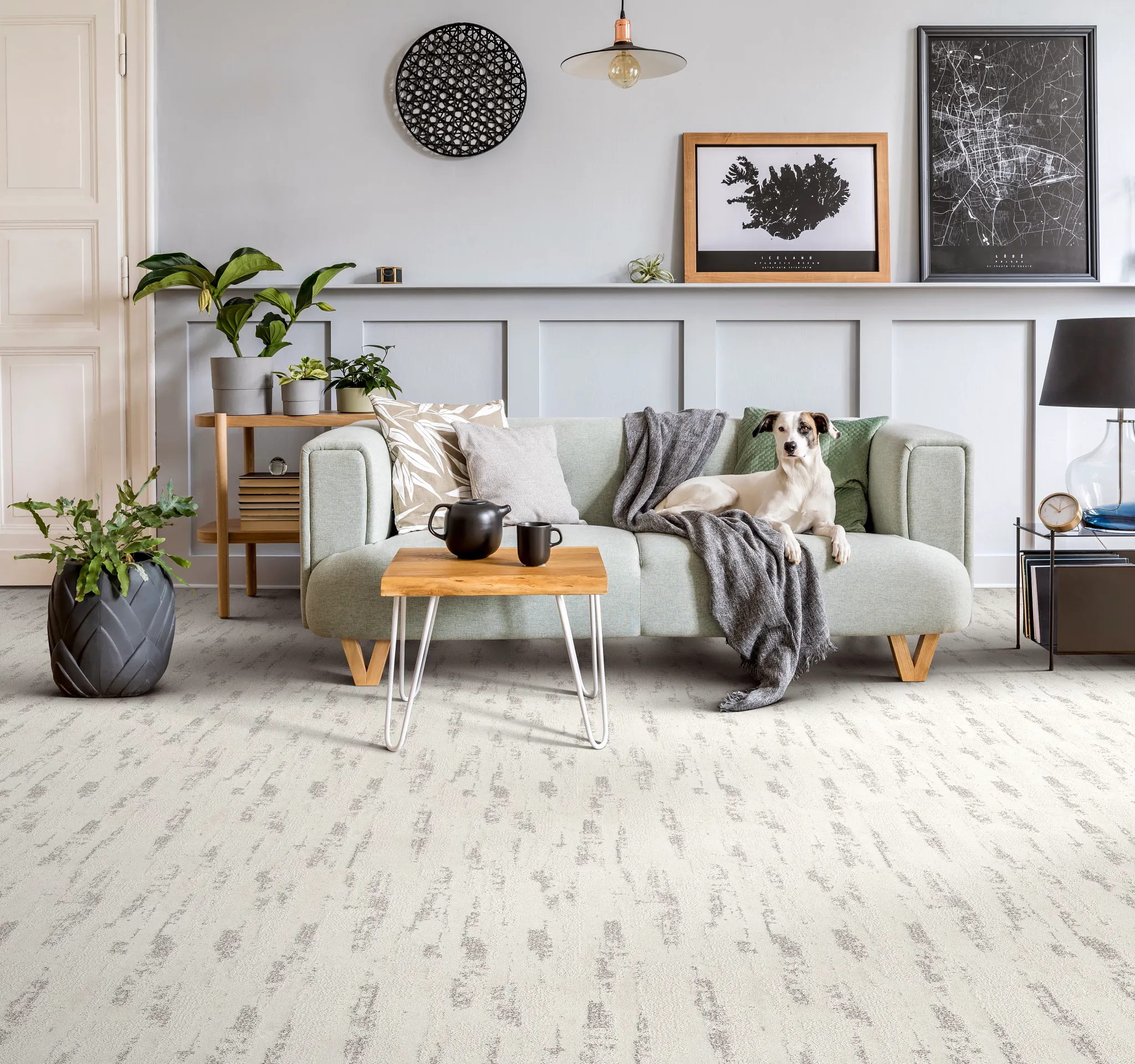 living room with light gray patterned carpet floor with a light green sofa wooden coffee table and decorative plants