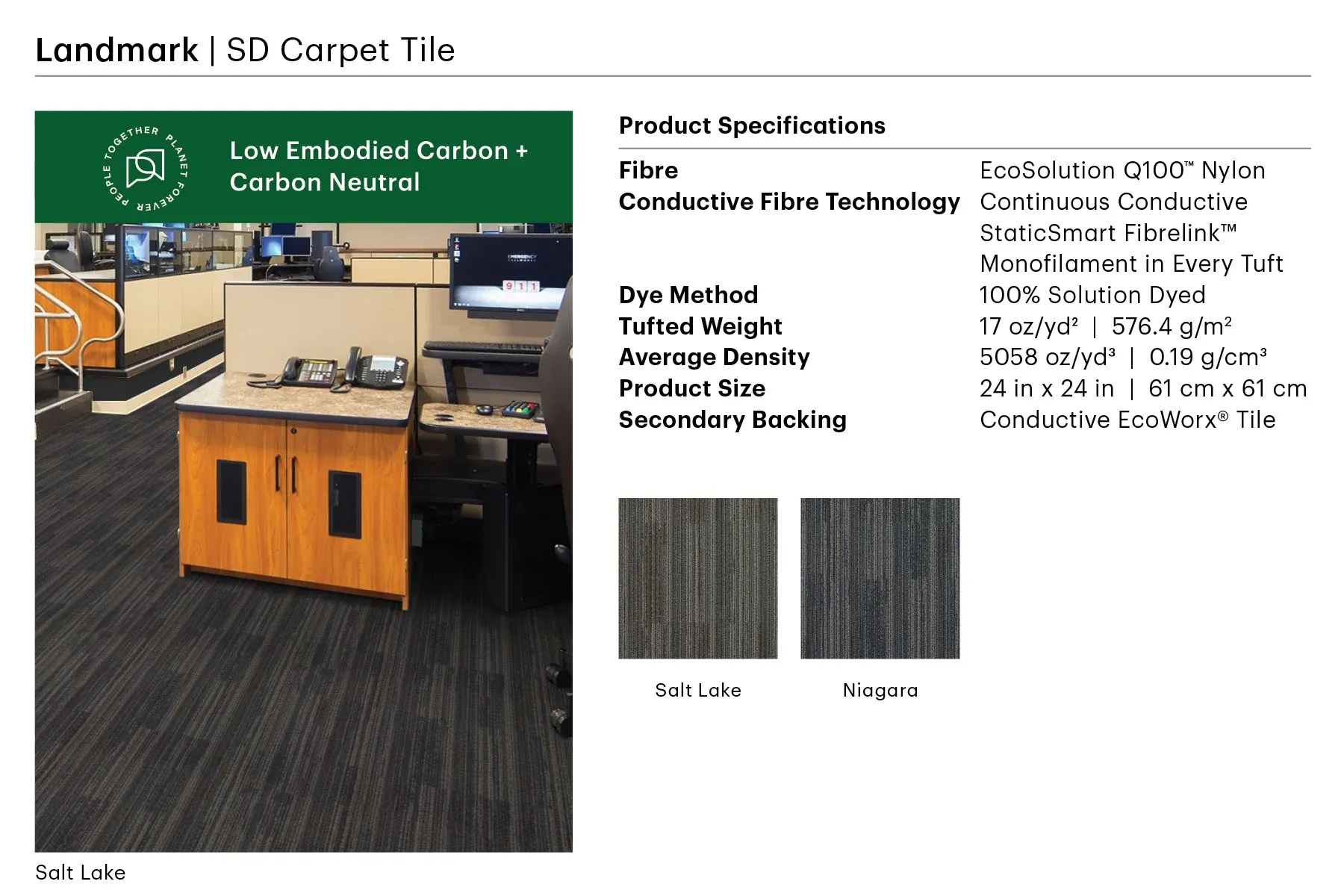 Office space with Landmark SD Carpet Tile in Salt Lake color, featuring EcoSolution Q100 Nylon and StaticSmart Fibrelink technology, 24x24 inch tiles