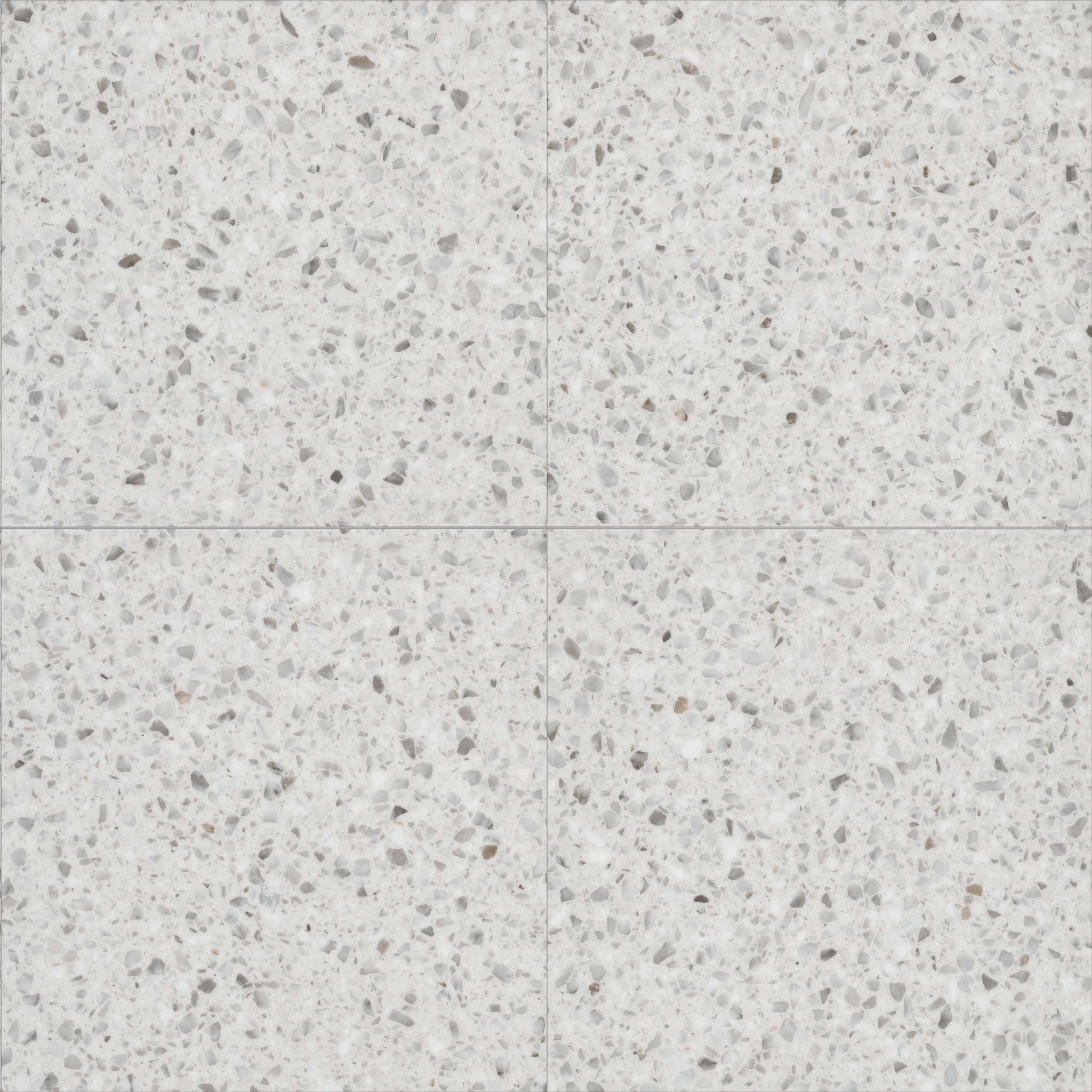Terrazzo pattern luxury vinyl tile flooring in shades of white, gray, and beige