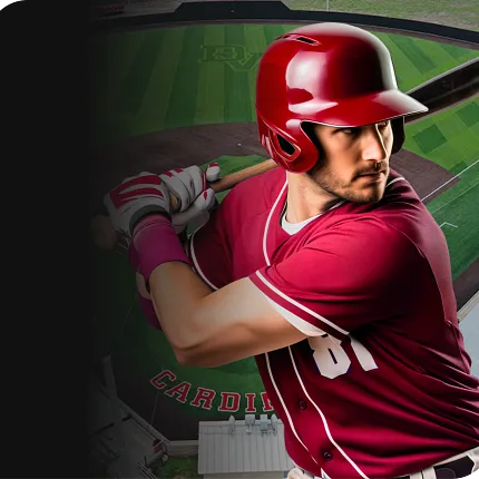 Baseball player in action with red helmet and jersey Baseball player in red uniform holding a bat