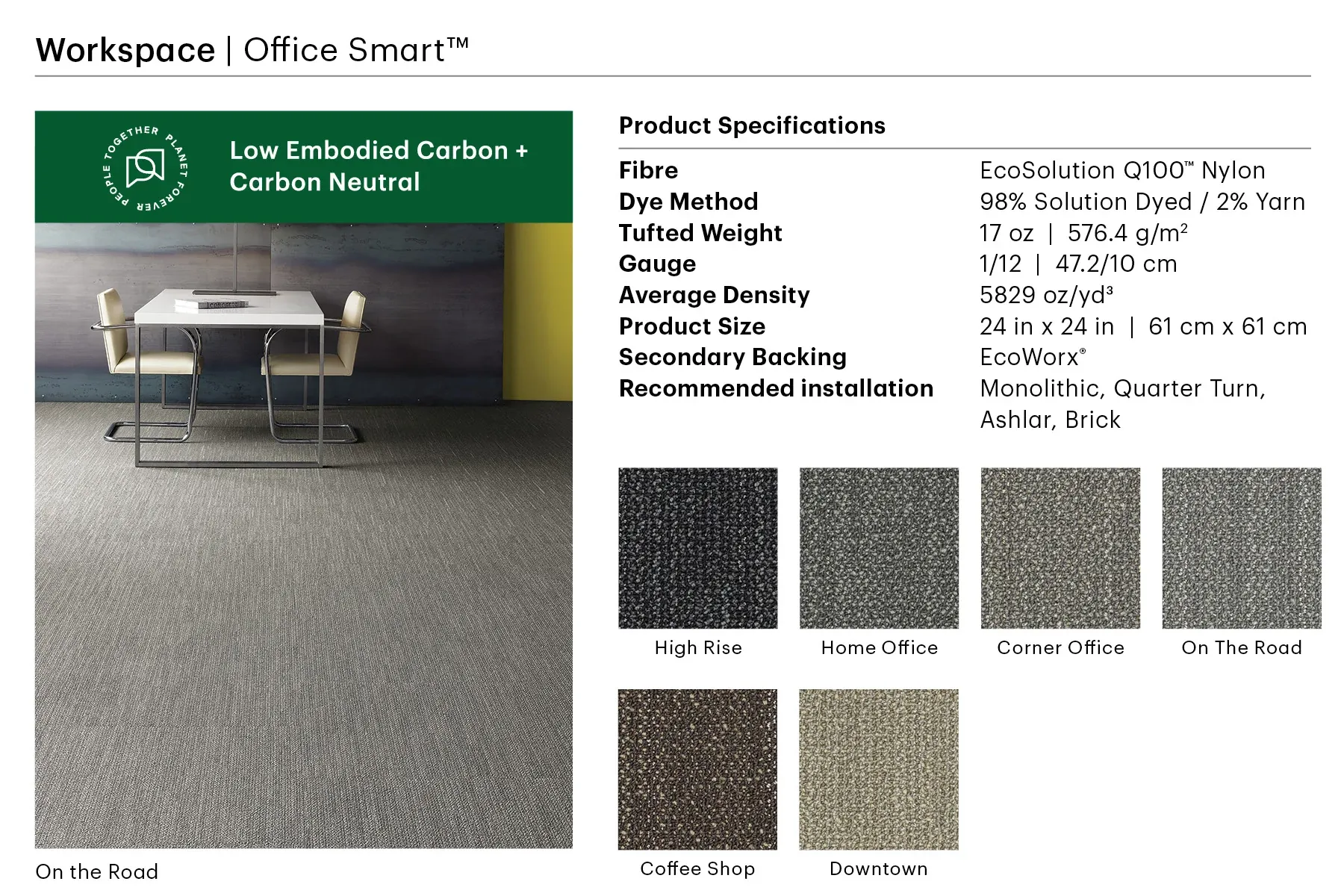 Modern workspace with EcoSolution Q100â„¢ Nylon commercial carpet tile in a neutral tone, featuring a sleek table and chairs, 24x24 inch tiles