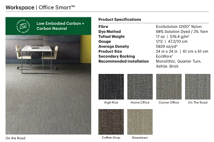Workspace Office Smartâ„¢ with EcoSolution Q100â„¢ Nylon Commercial Carpet Tile in Neutral Tones Modern workspace with EcoSolution Q100â„¢ Nylon commercial carpet tile in a neutral tone, featuring a sleek table and chairs, 24x24 inch tiles