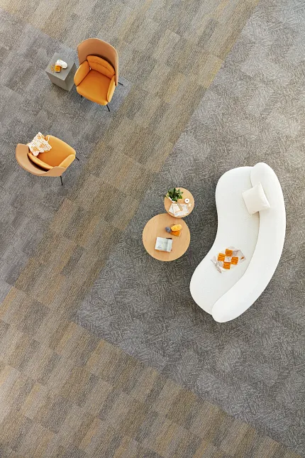 Modern Lounge Area with Commercial Carpet Tiles in Gray and Beige