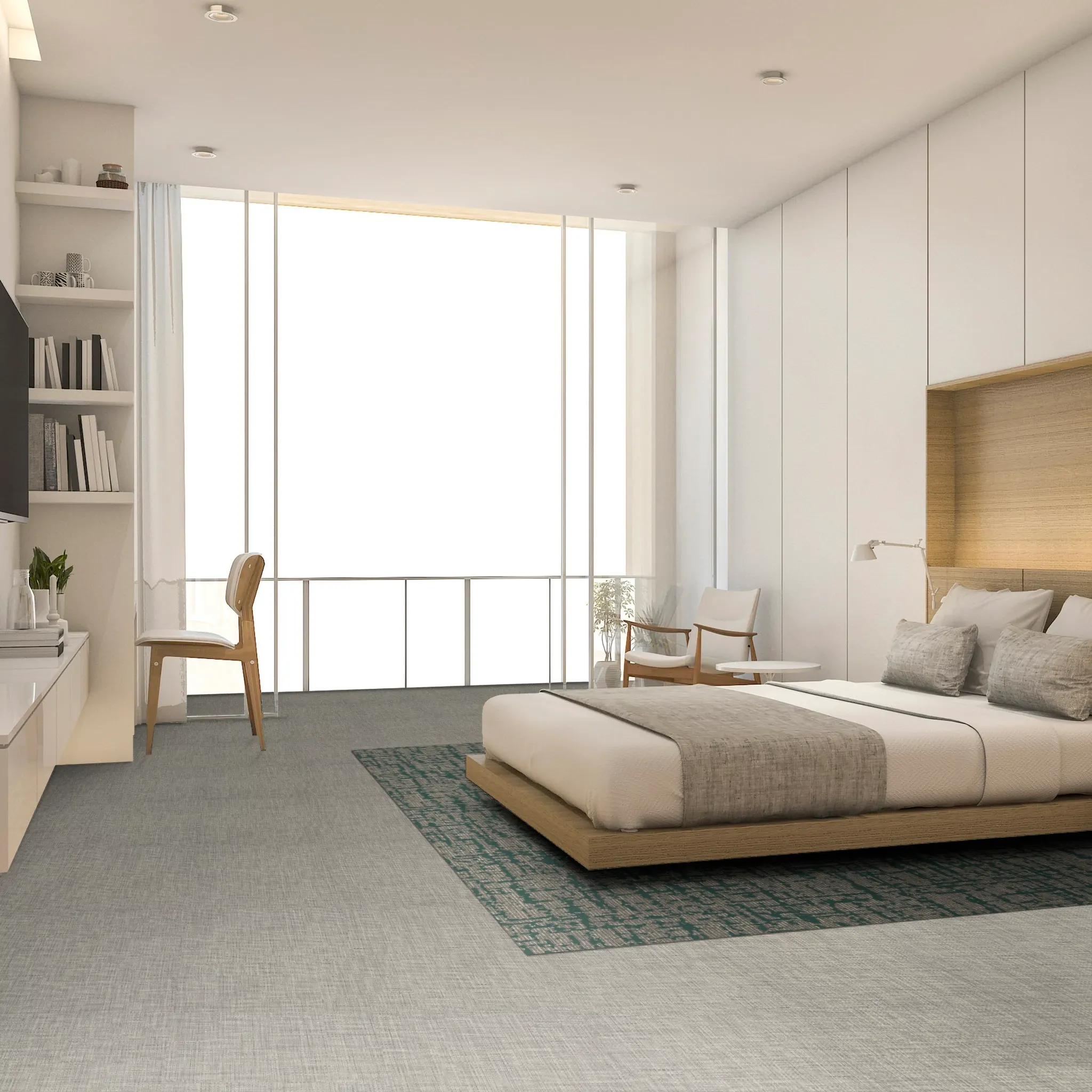 Quarto de hotel contemporâneo com cama ampla, roupa de cama branca, piso em tom cinza-claro e design acolhedor para ambientes de hospitalidade.