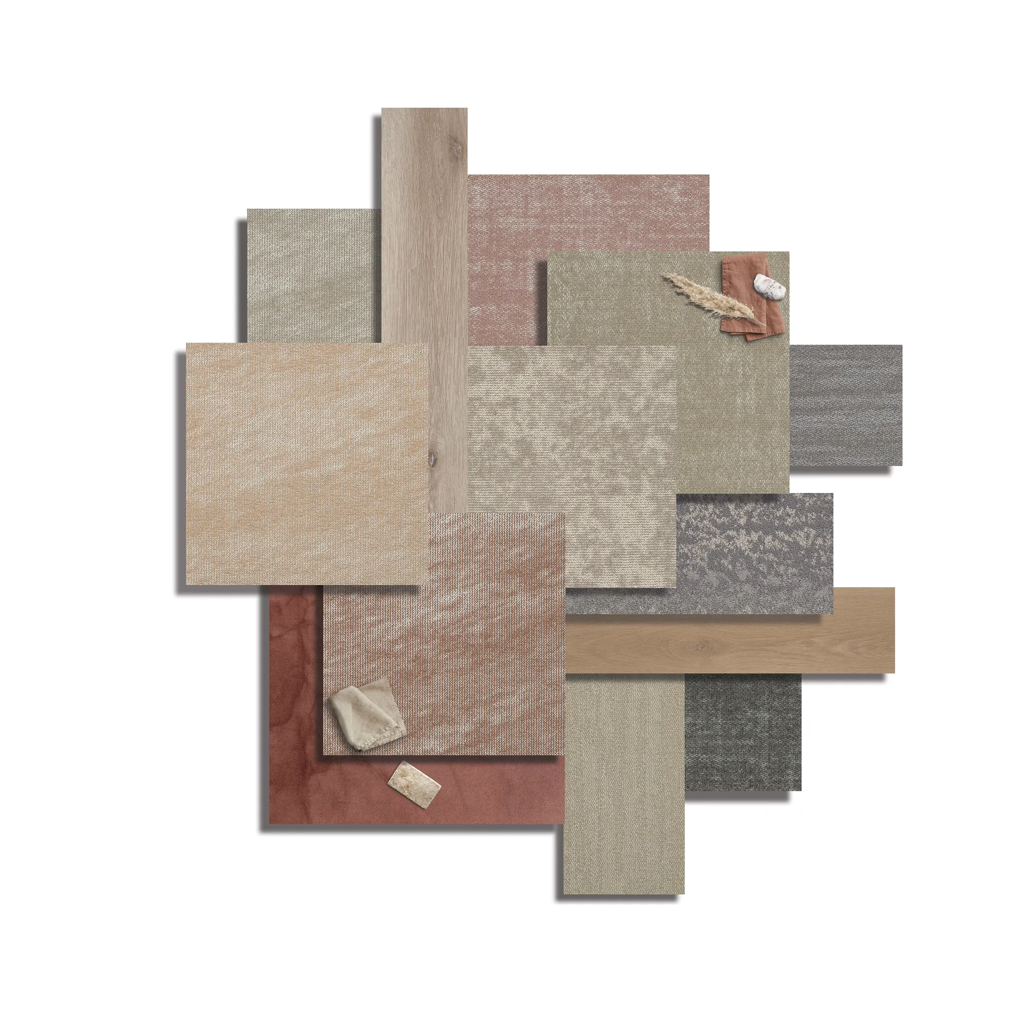 Assorted flooring samples including wood and carpet swatches