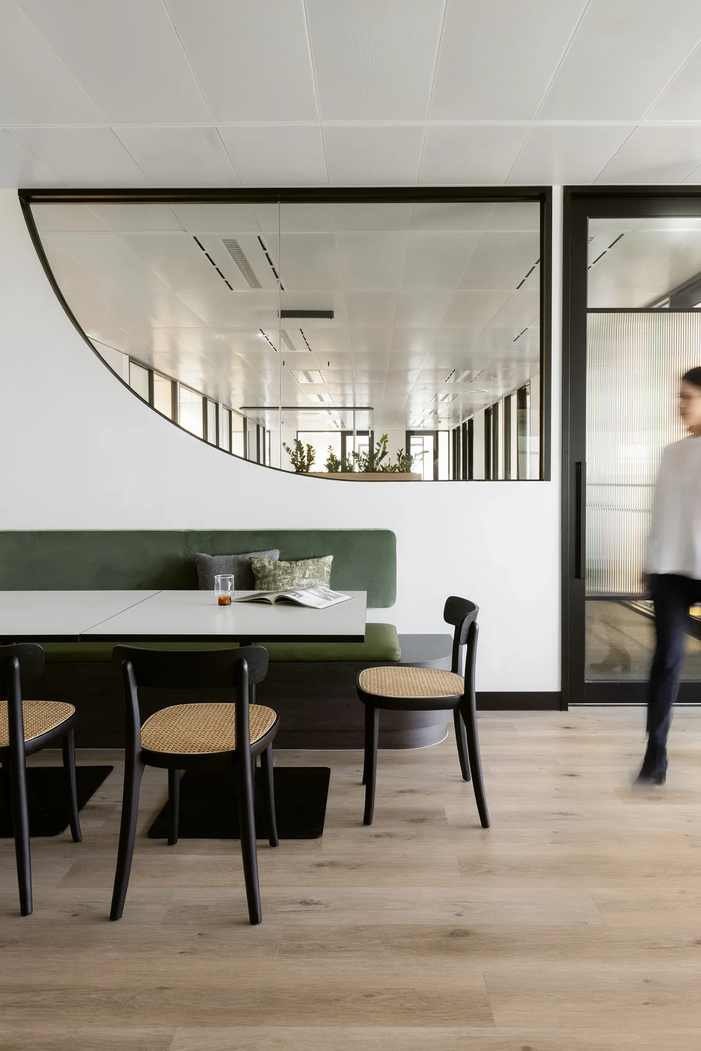 Modern office hallway with sleek LVT flooring and glass door leading to a meeting room with a potted plant