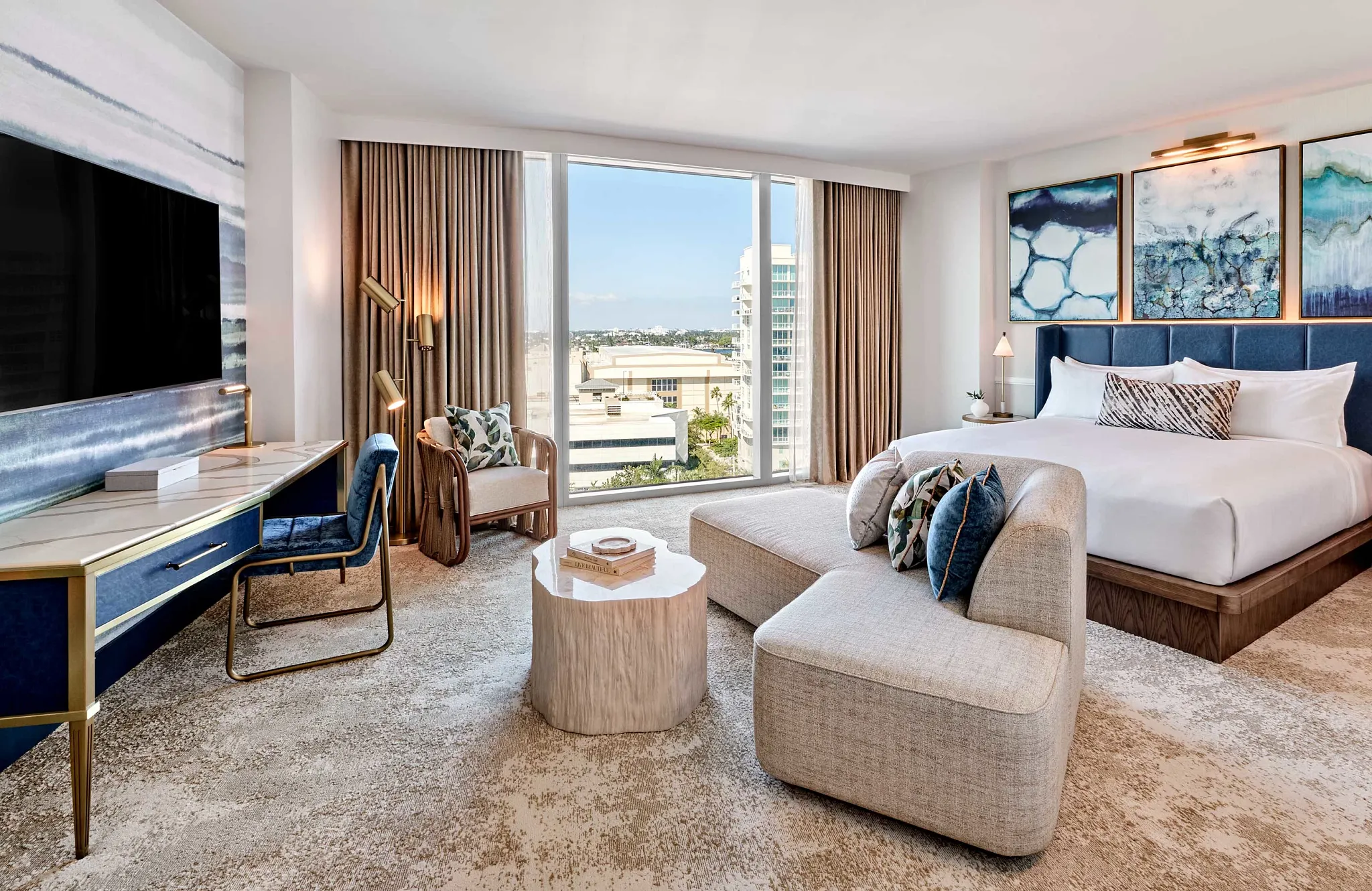 Modern hotel room with plush carpet flooring