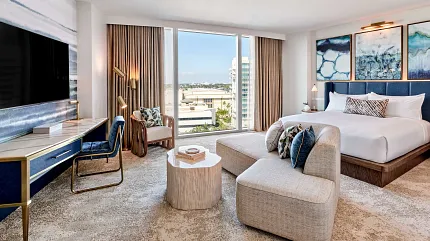Luxurious hospitality suite with elegant carpet design Modern hotel room with plush carpet flooring