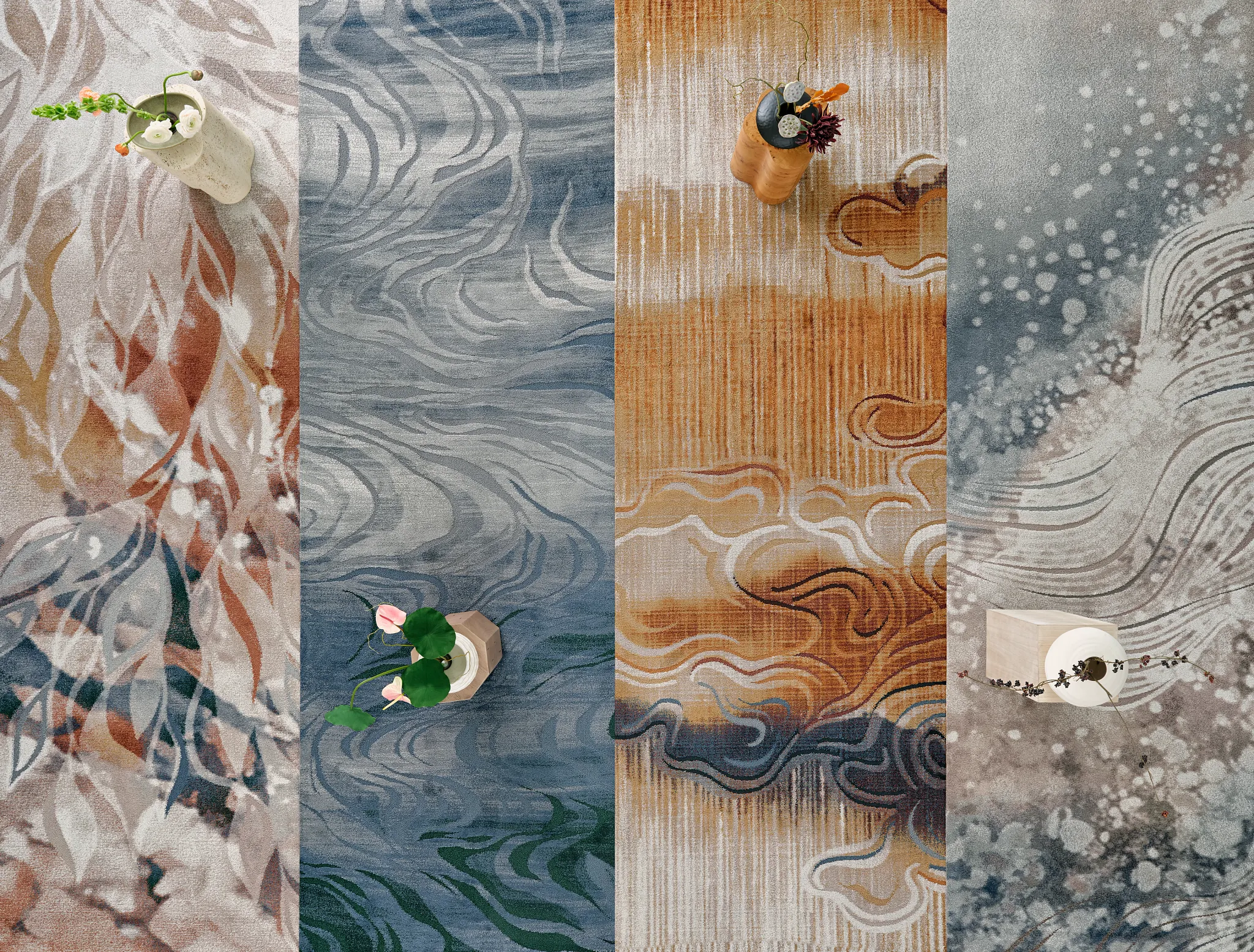 Artistic carpet swatches in beige, blue, orange, and grey tones