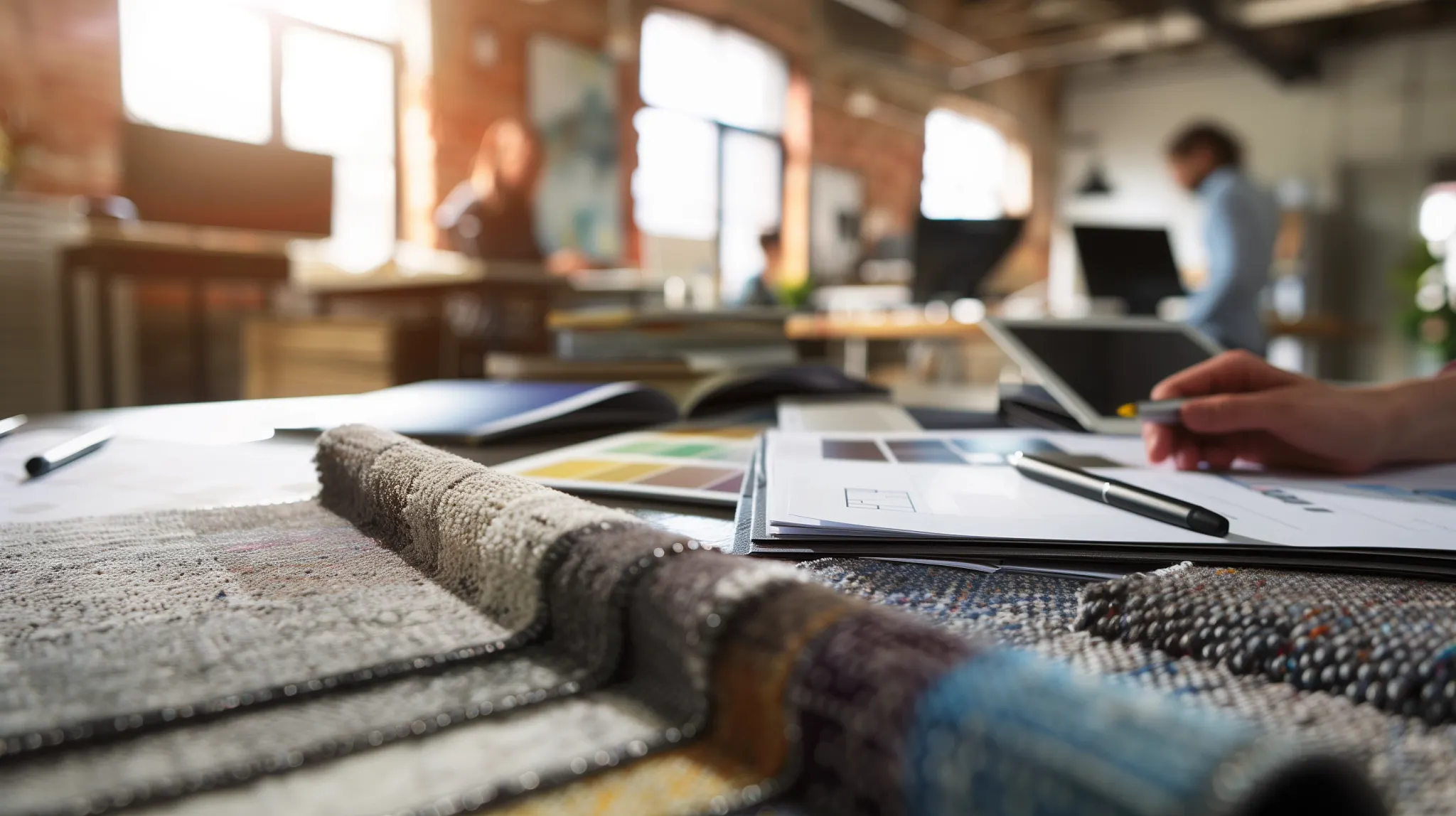 Person examining carpet swatches in various colors including green, beige, and gray