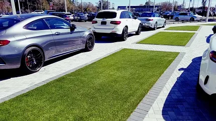 Modern parking area with synthetic turf and pavers Cars parked on artificial grass and paver driveway