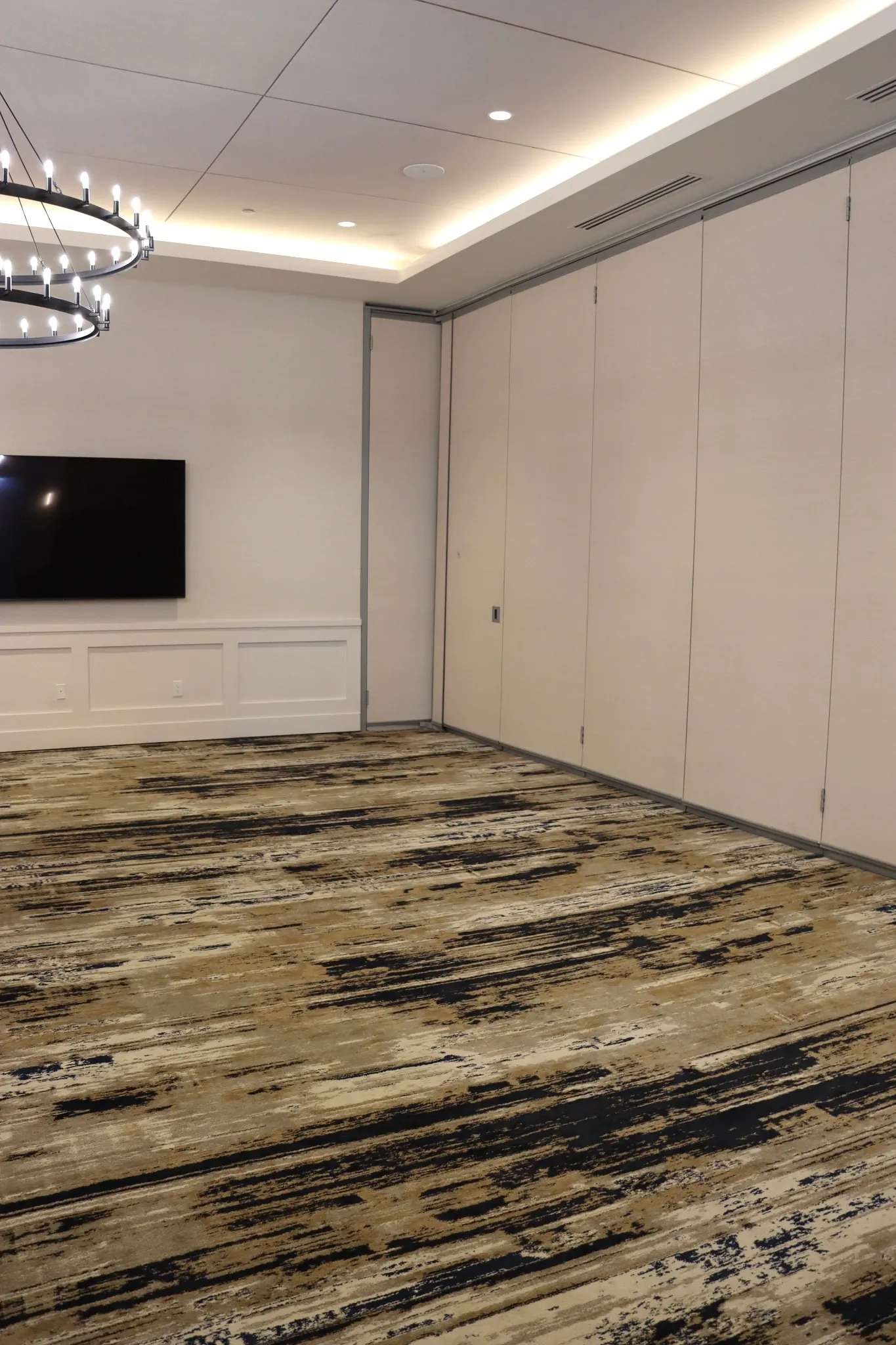 Modern conference room with abstract patterned carpet flooring