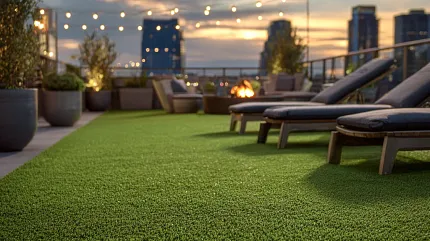 Stylish outdoor artificial grass for modern rooftop spaces Green artificial turf on a rooftop terrace at sunset