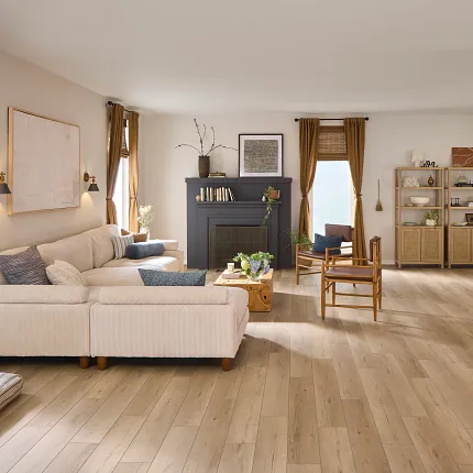 Stylish and durable vinyl flooring for modern living spaces Spacious living room with Coretec Residential WPC vinyl flooring