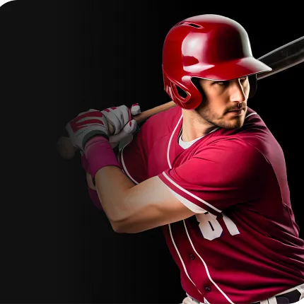 Baseball player in action with red helmet and jersey Baseball player in red uniform holding a bat