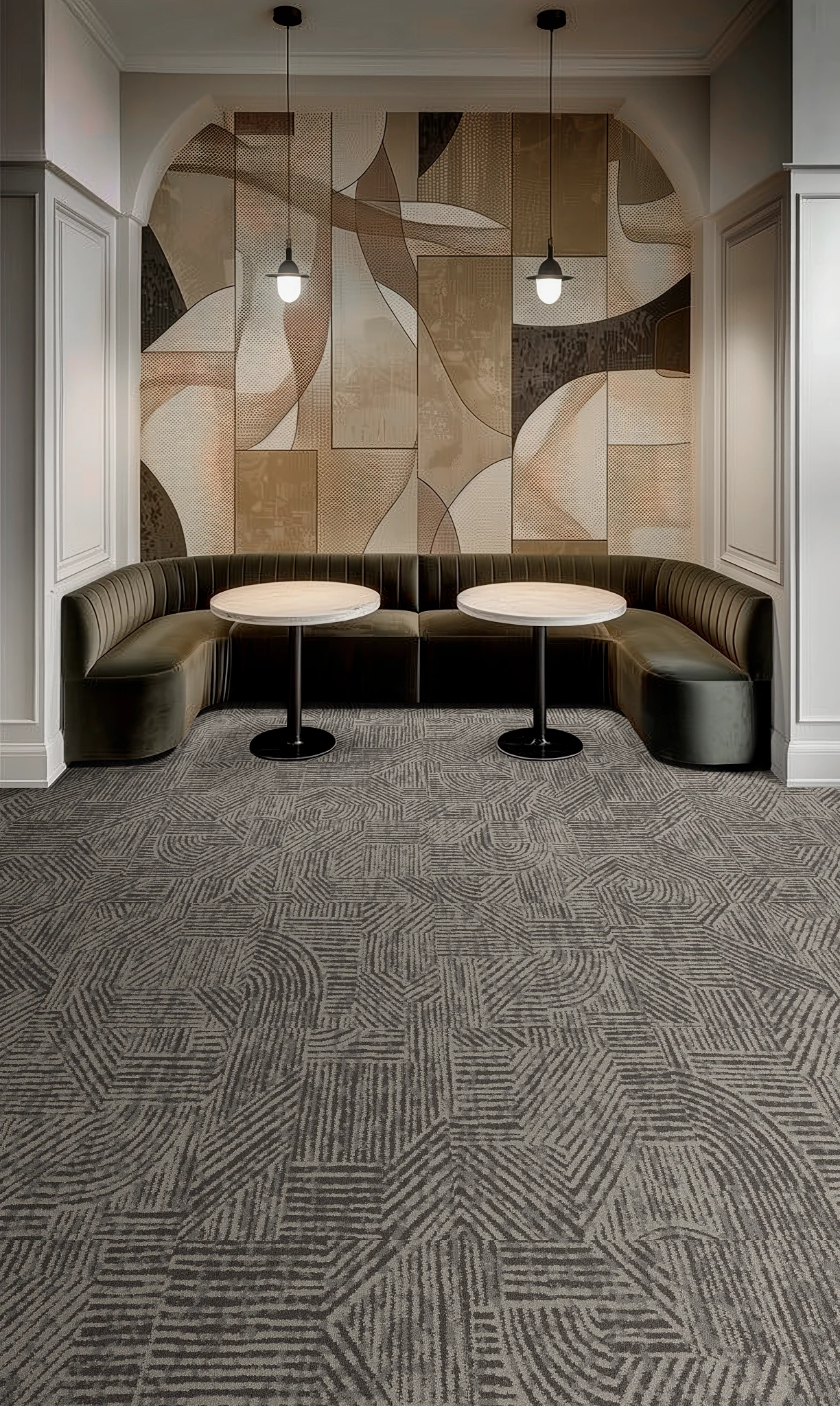 Modern hospitality seating area with geometric patterned commercial carpet tile flooring and abstract wall art