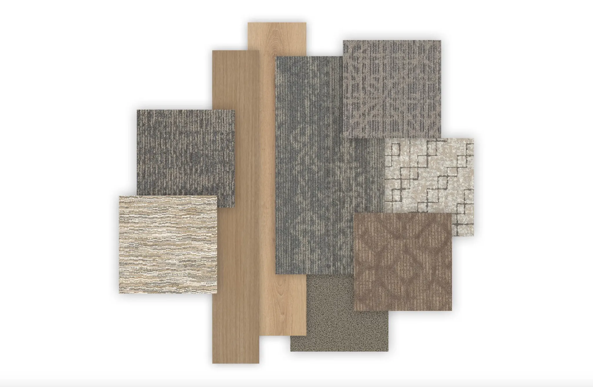 Assorted flooring swatches including various textures and colors such as beige, brown, and gray