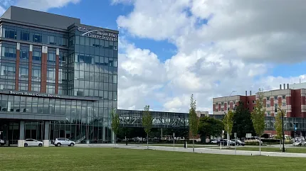 Contemporary architecture with lush landscape Modern building with glass facade and green lawn under blue sky