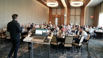 Business conference presentation scene Conference room with attendees and presenter