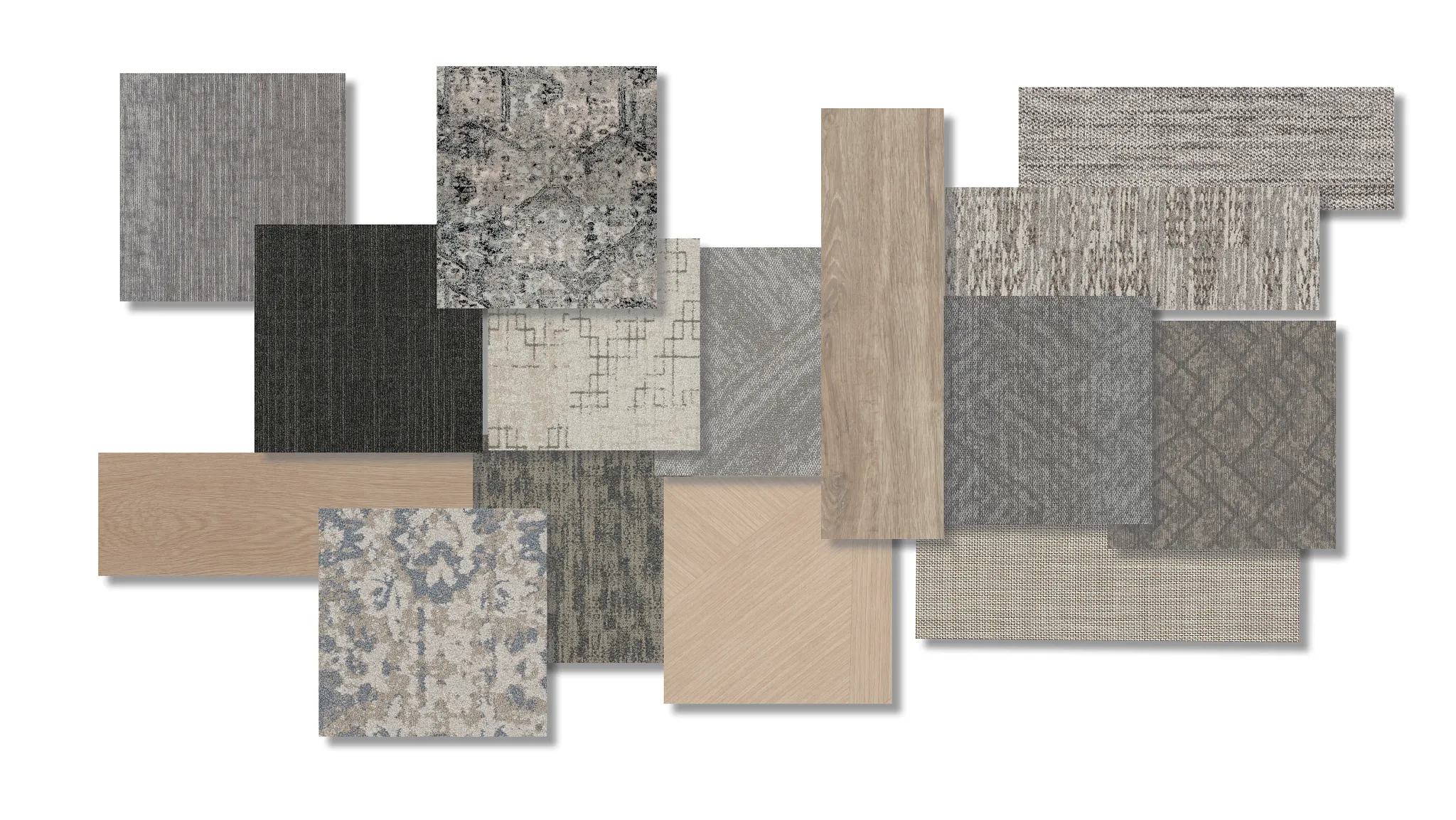 Assorted flooring swatches in neutral and patterned designs