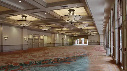 Elegant carpet design in hospitality venue Spacious ballroom with patterned carpet flooring