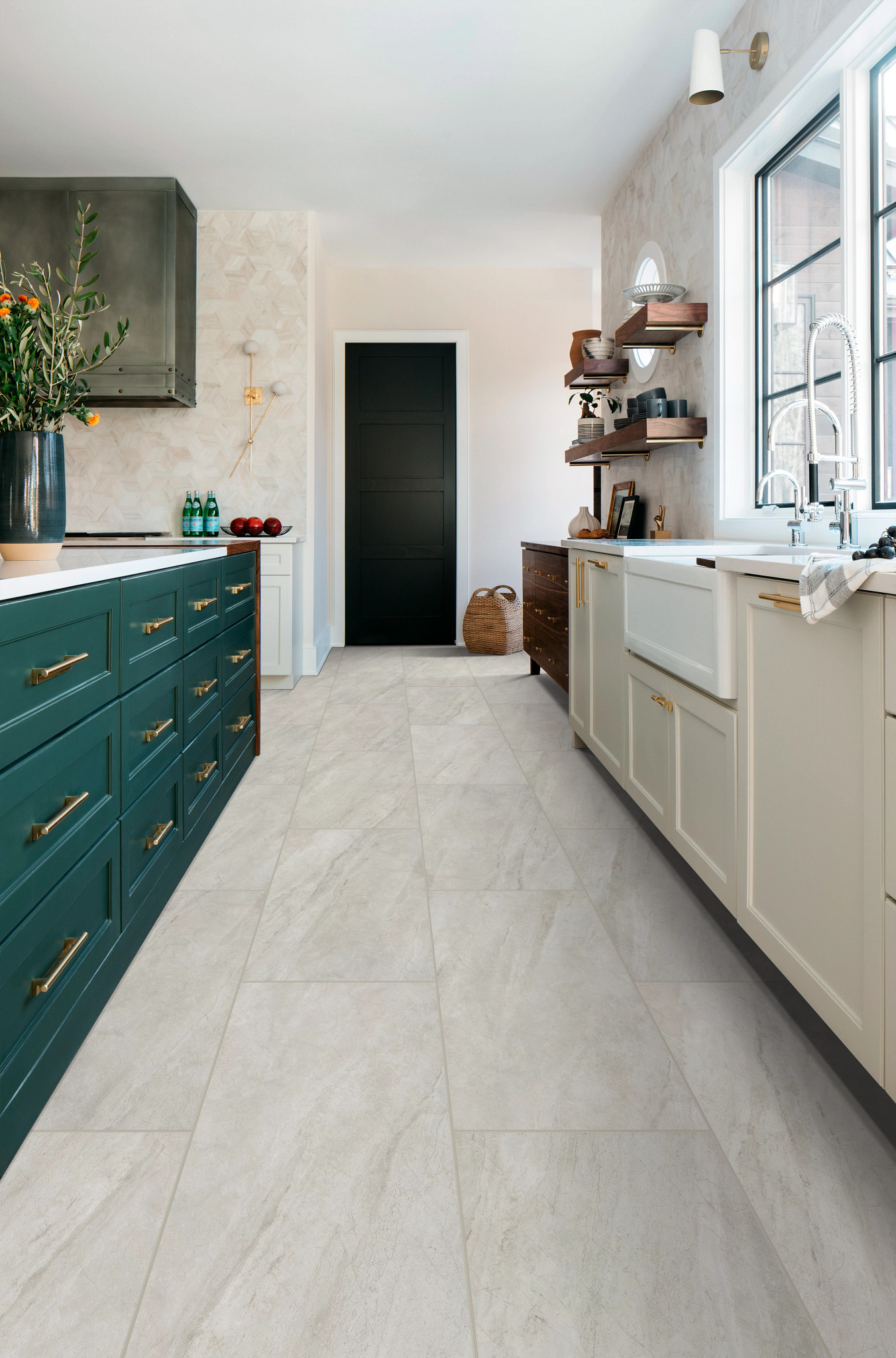 Opal Travertine flooring, shown in a room