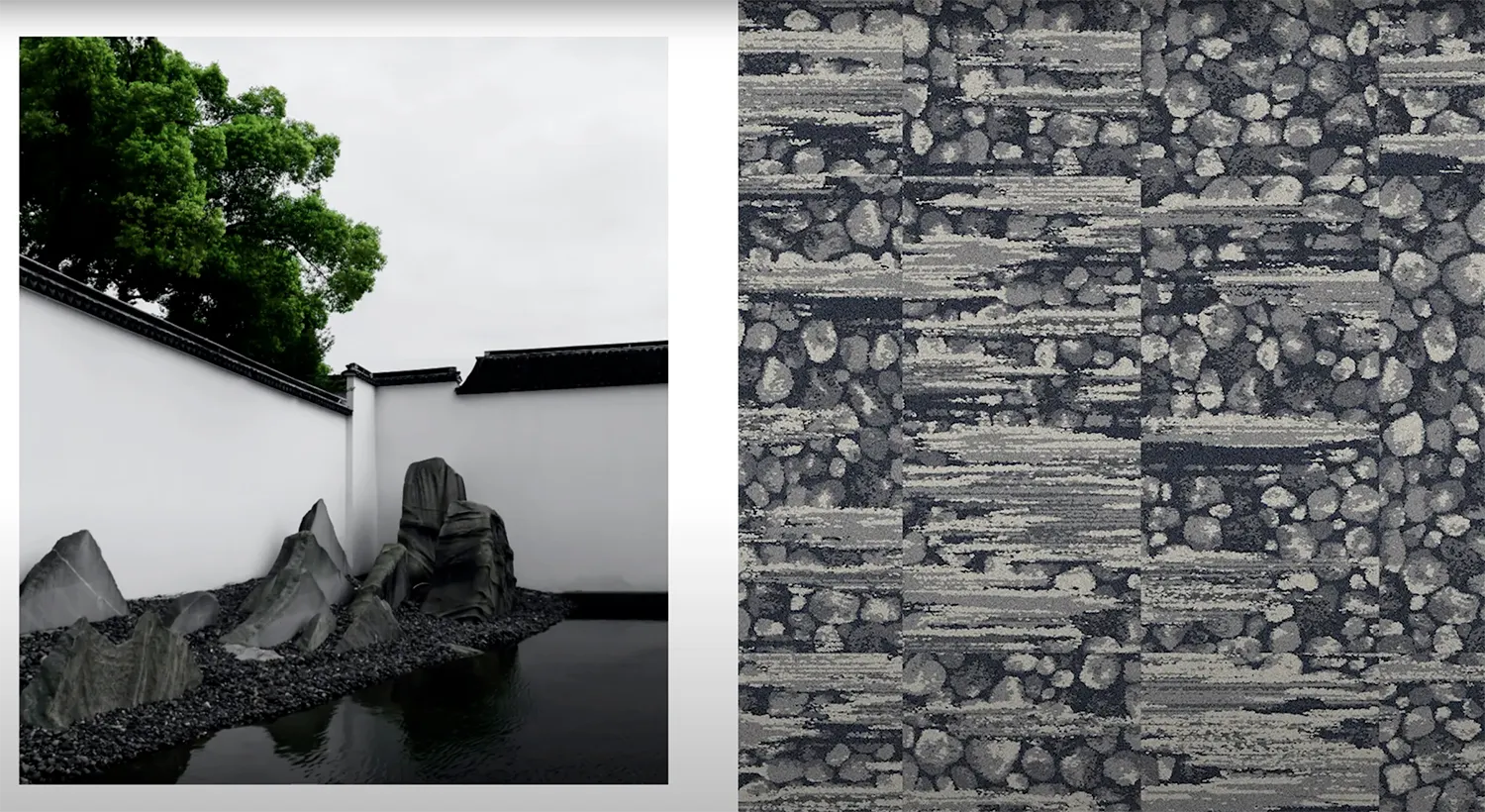 Commercial carpet tile swatch in dark gray with abstract pattern