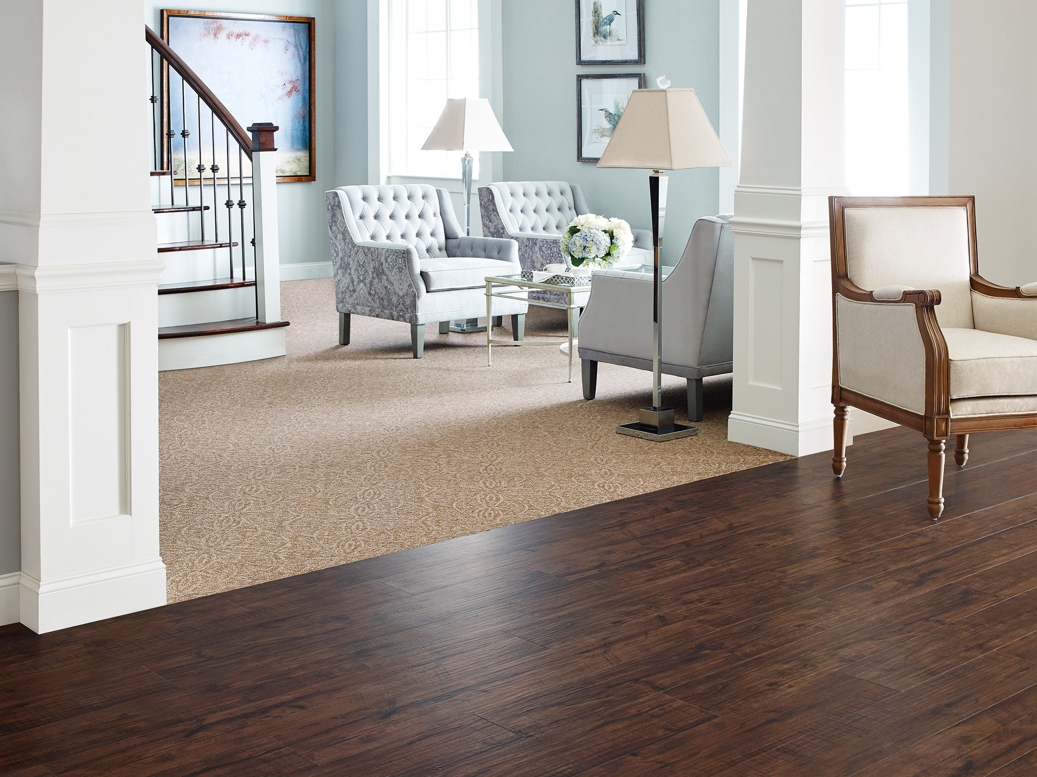 
  "Elegant living room with dark wood luxury vinyl plank flooring and beige patterned carpet"
)