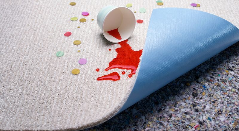 image of carpet pulled back to show lifeguard spill-proof carpet technology