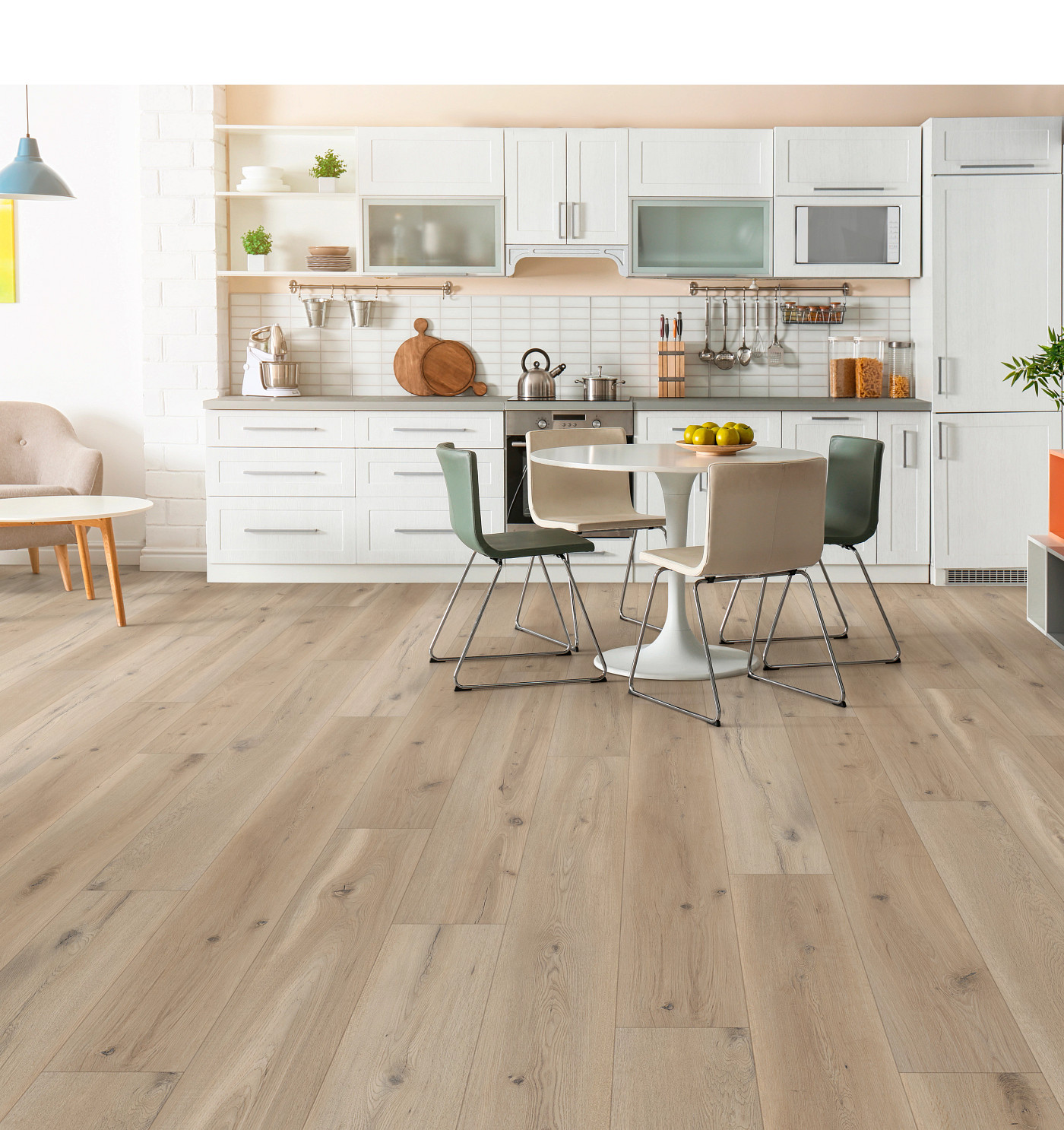 Sea Salt Oak flooring, shown in a room