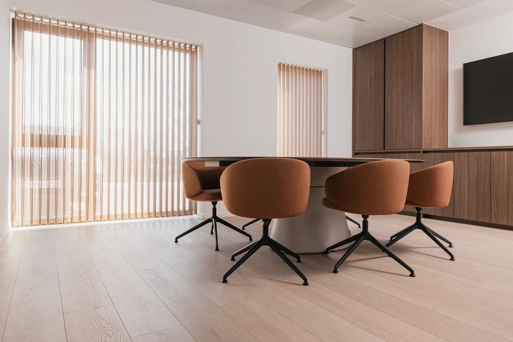 Contemporary office space featuring luxury vinyl plank flooring