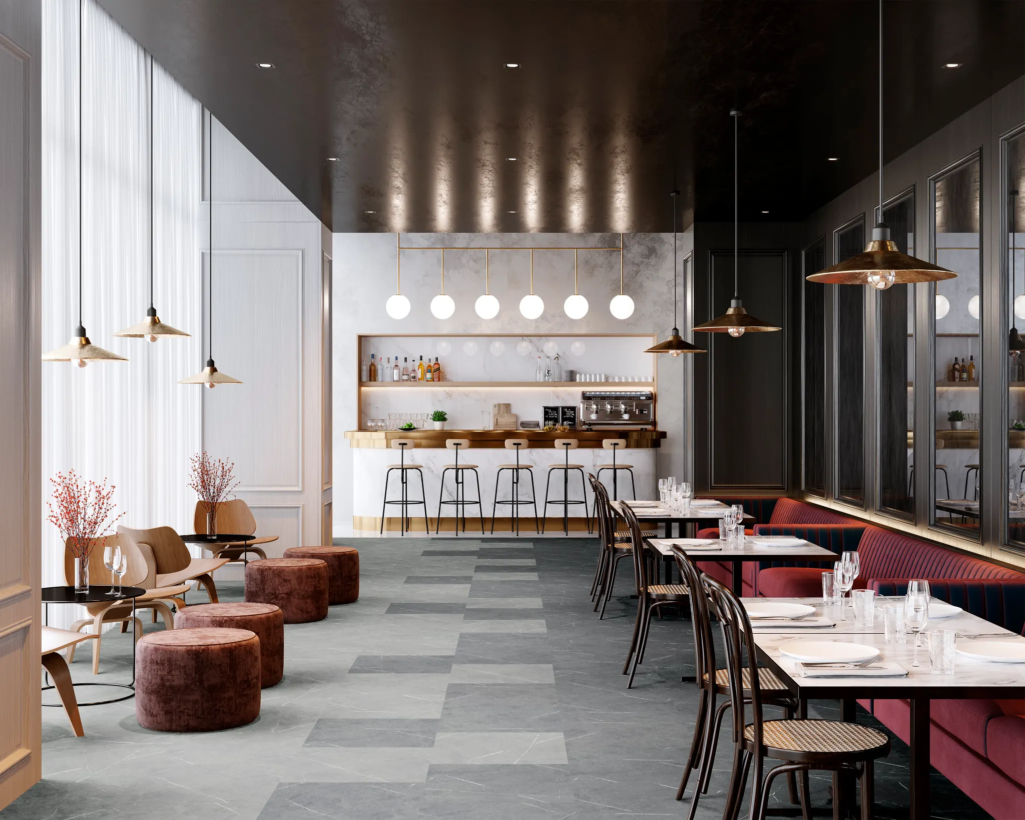 Modern restaurant interior with stylish seating and lighting, featuring a checkered pattern of dark and light gray commercial porcelain tile flooring