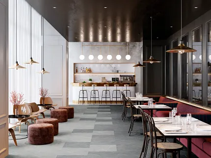Contemporary Restaurant Design with Commercial Porcelain Tile Flooring Modern restaurant interior with stylish seating and lighting, featuring a checkered pattern of dark and light gray commercial porcelain tile flooring
