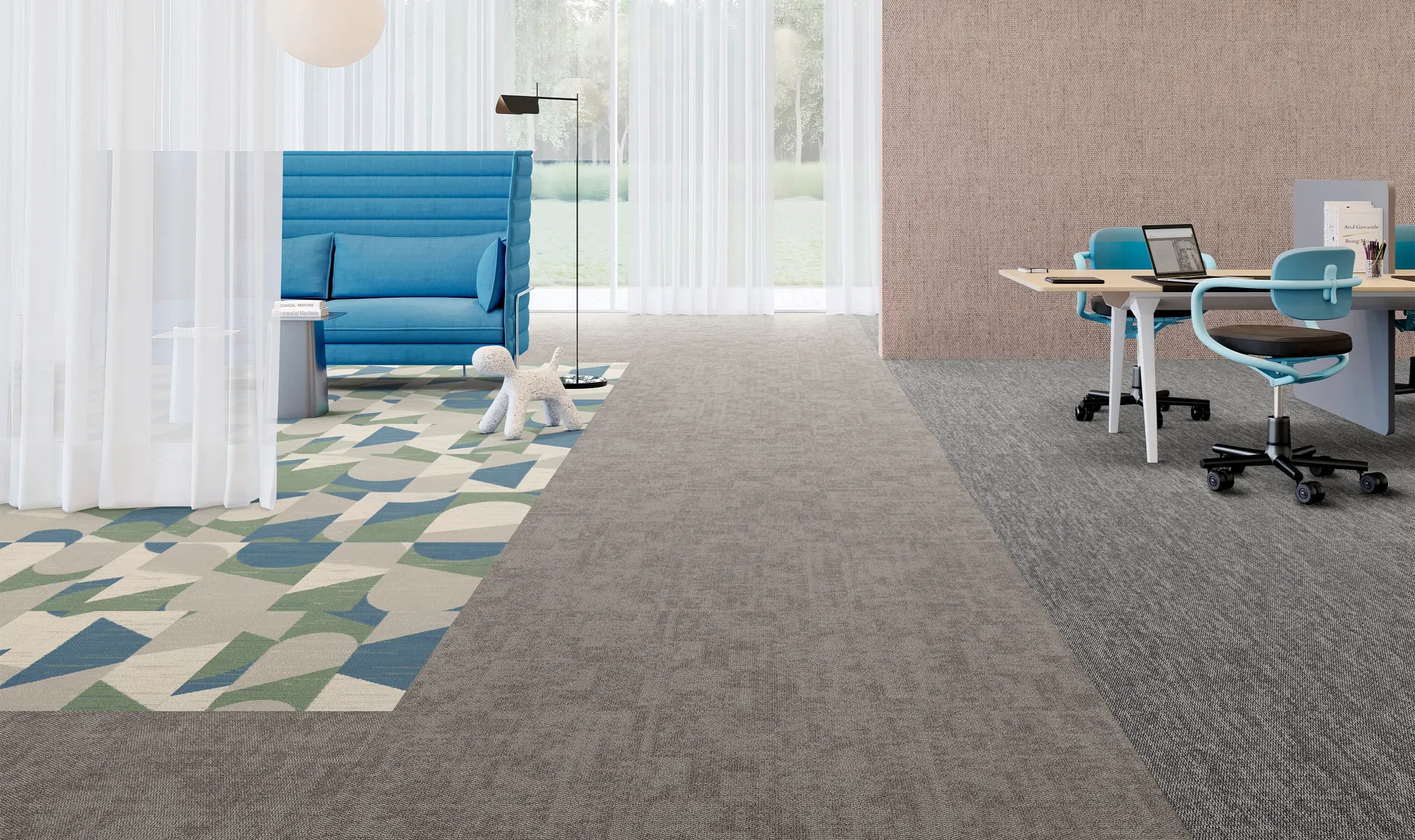 Modern office space with geometric patterned carpet and blue seating