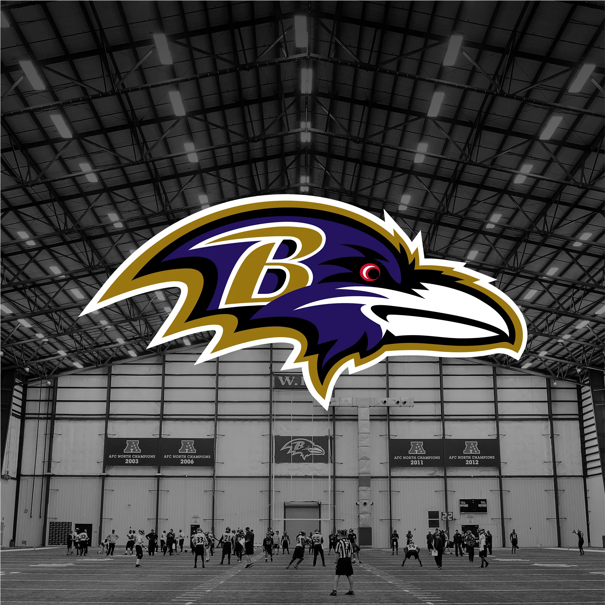 Baltimore Ravens logo over indoor sports facility with artificial turf