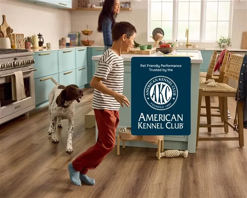 Family kitchen with pet-friendly flooring and American Kennel Club endorsement