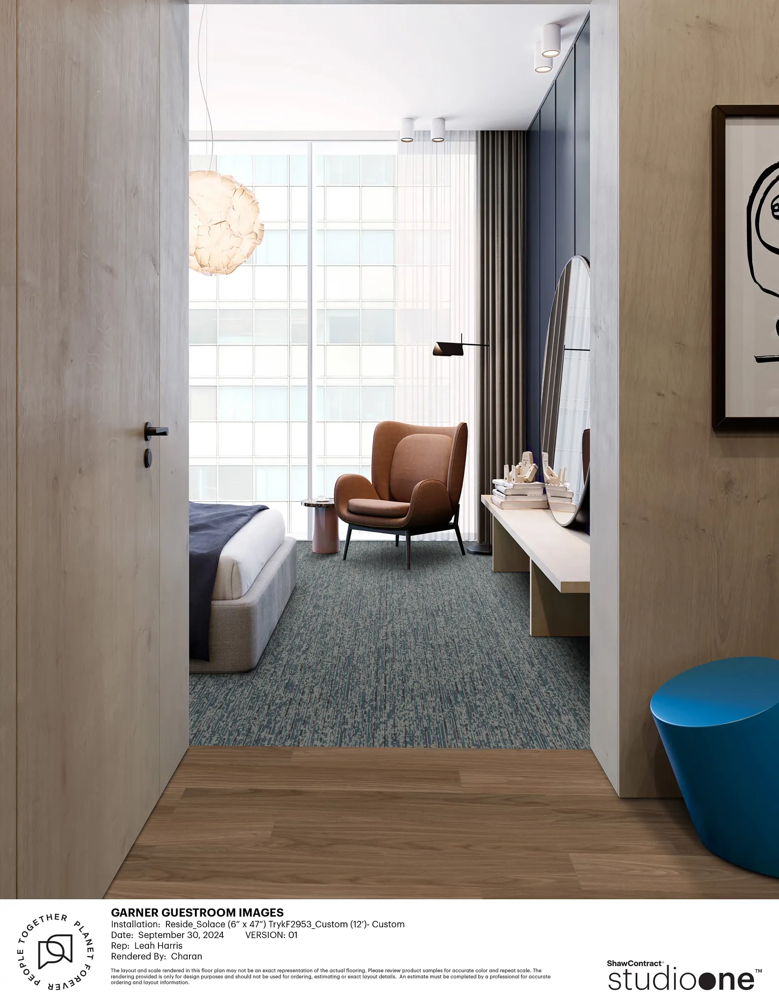 Modern guestroom with custom carpet and hardwood flooring