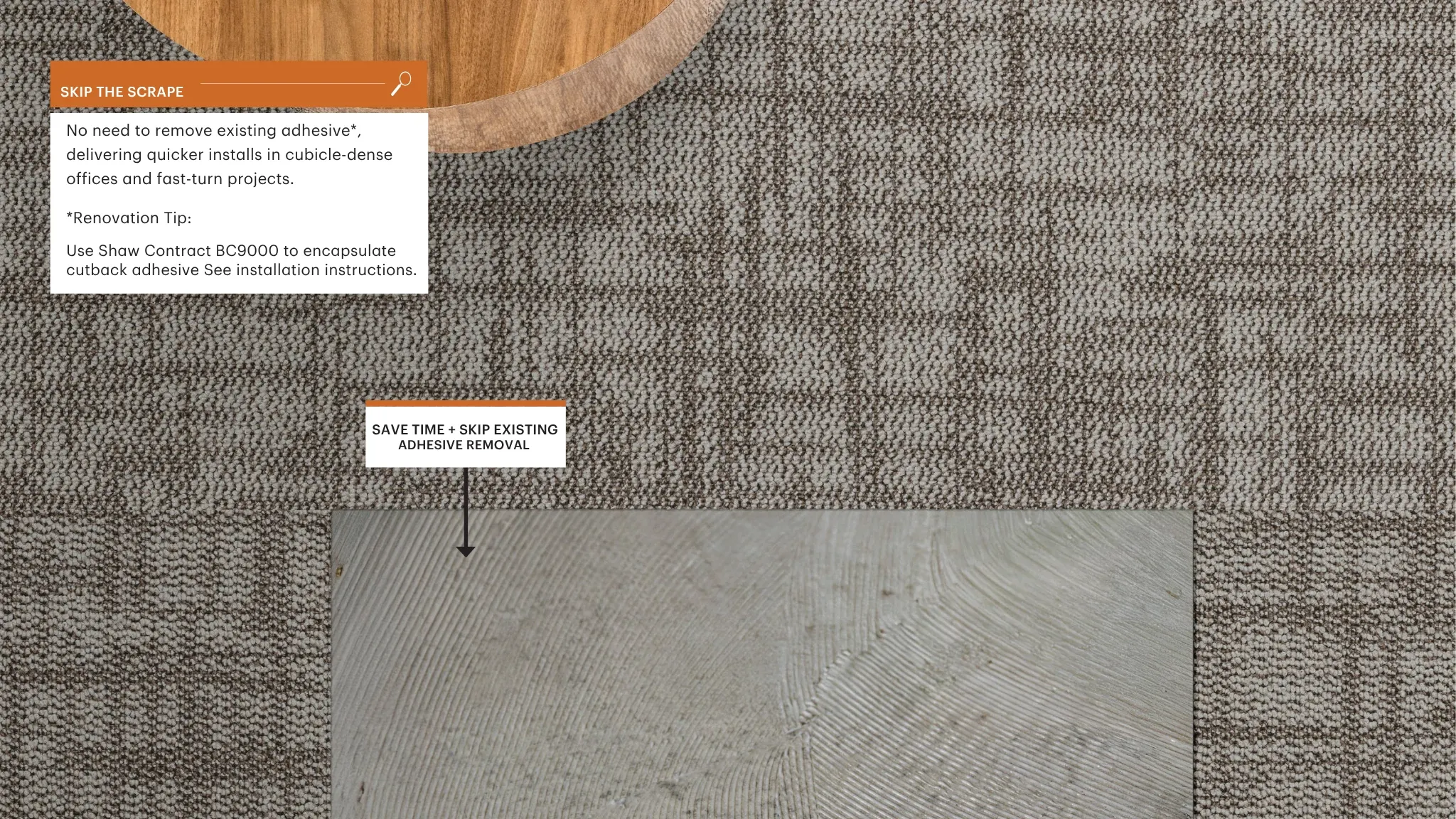 Textured carpet flooring with adhesive removal feature