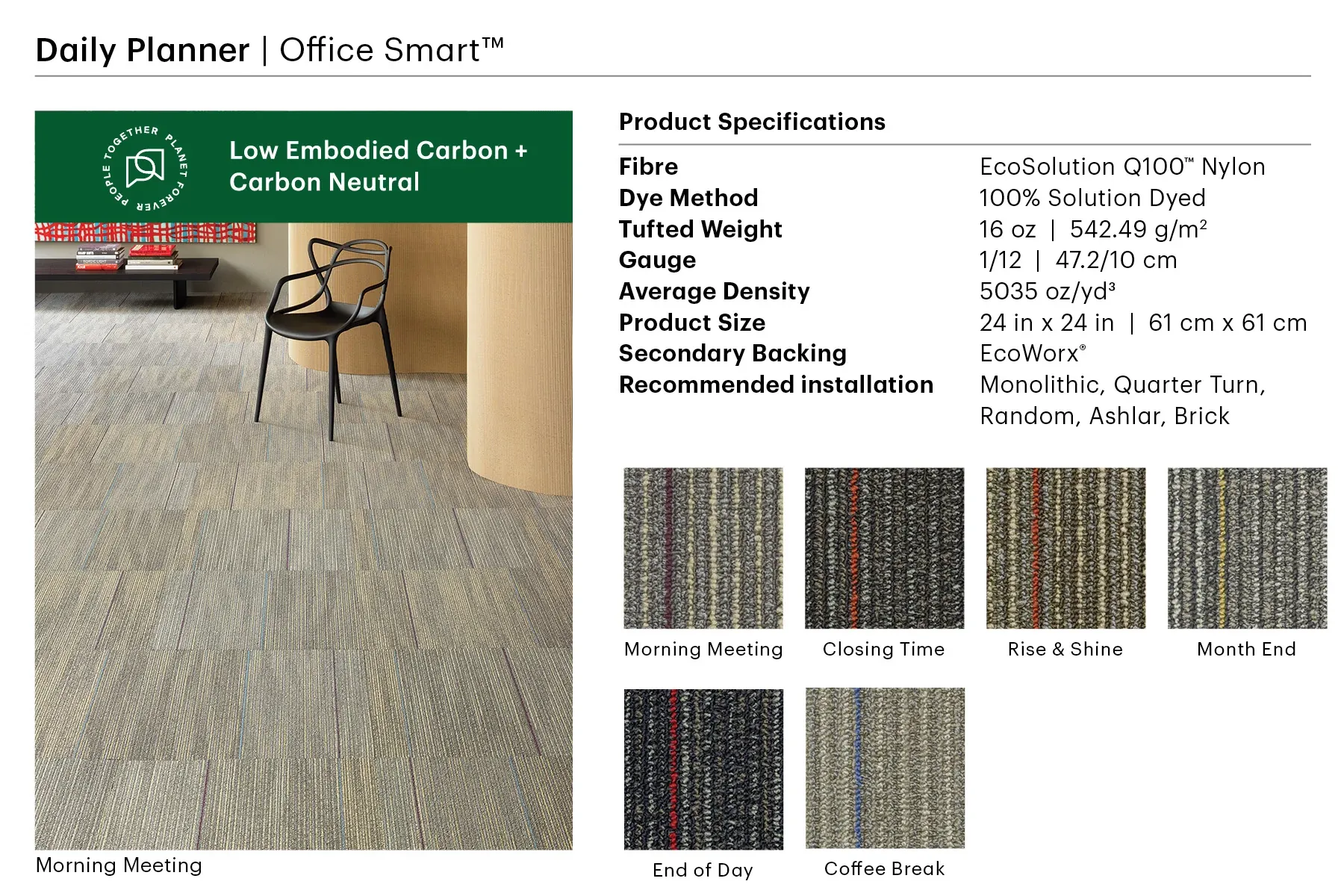 Commercial carpet tile in a modern office setting featuring EcoSolution Q100 nylon with a 24x24 inch size, showcasing the "Morning Meeting" colorway with subtle linear patterns