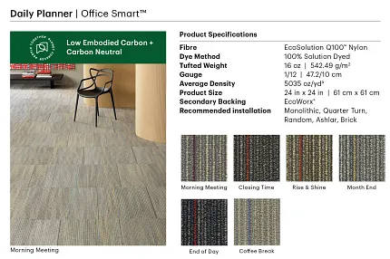 Daily Planner Office Smart Commercial Carpet Tile - Morning Meeting Colorway in Modern Office Setting Commercial carpet tile in a modern office setting featuring EcoSolution Q100 nylon with a 24x24 inch size, showcasing the "Morning Meeting" colorway with subtle linear patterns