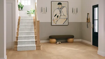 Synthetic Carpet Stair Runner in Modern Hallway with Light Wood Flooring Modern hallway with light wood flooring and synthetic carpet stair runner