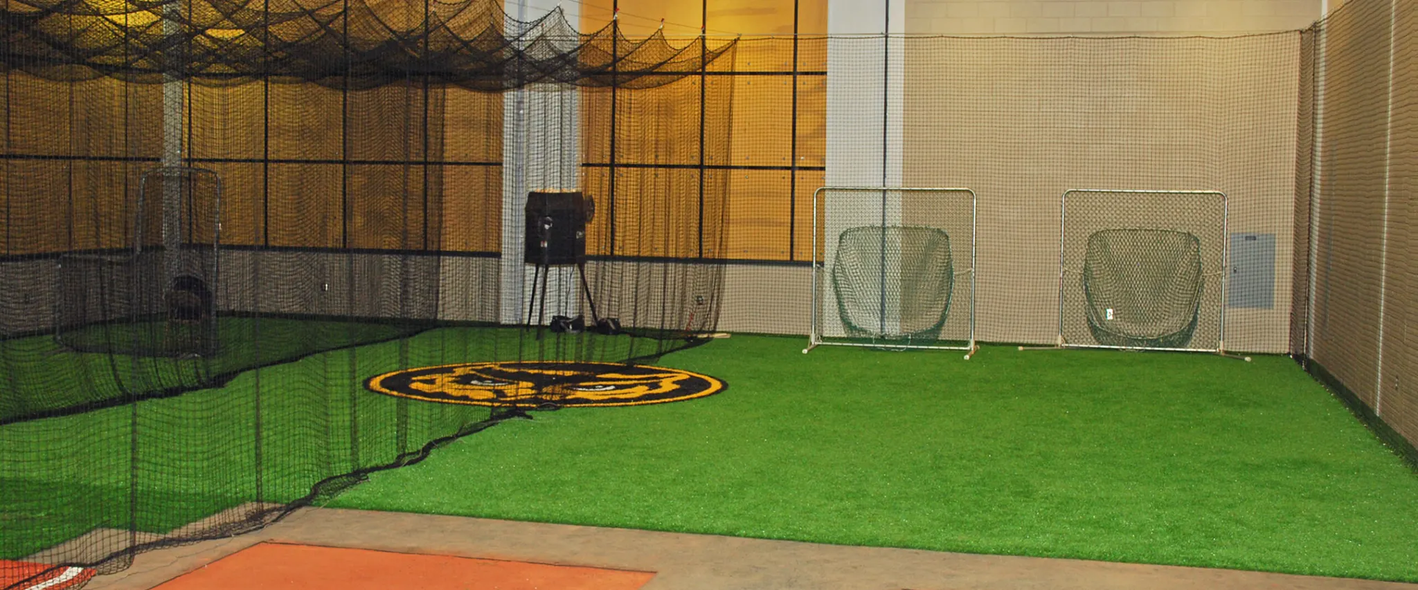 Indoor sports facility with artificial turf and netting