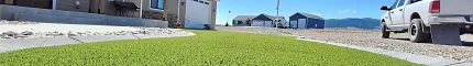 Artificial grass lawn in front of suburban homes