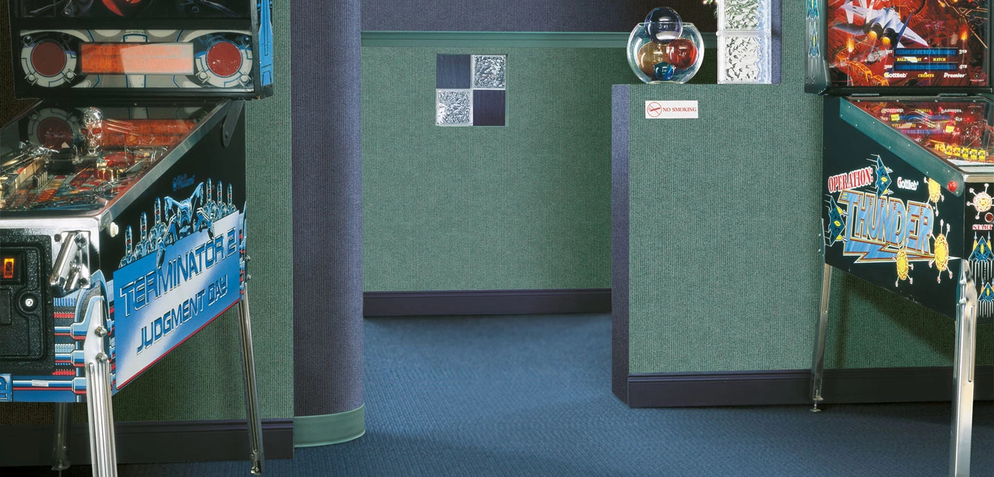 
  "Arcade room with blue carpet flooring and pinball machines"
)