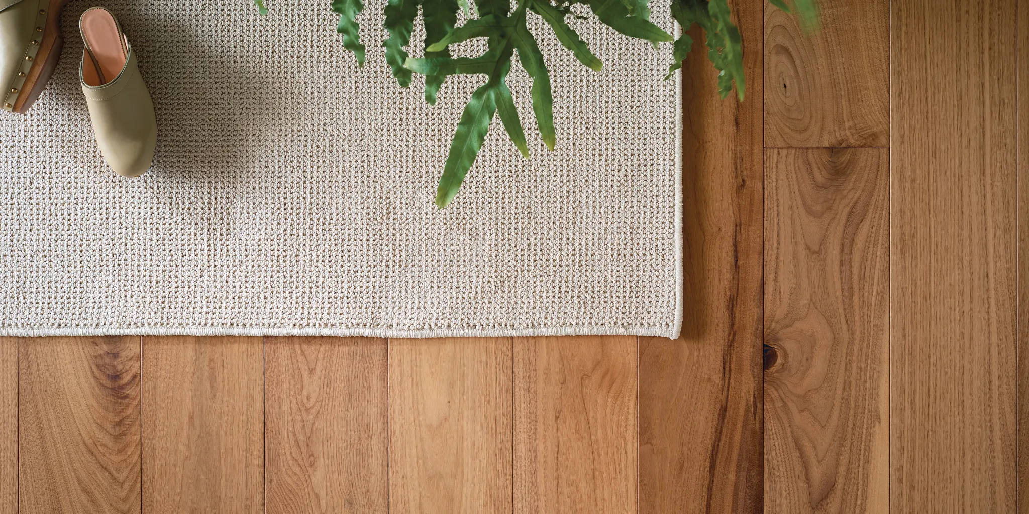Close-up view of beige carpet and natural oak hardwood flooring