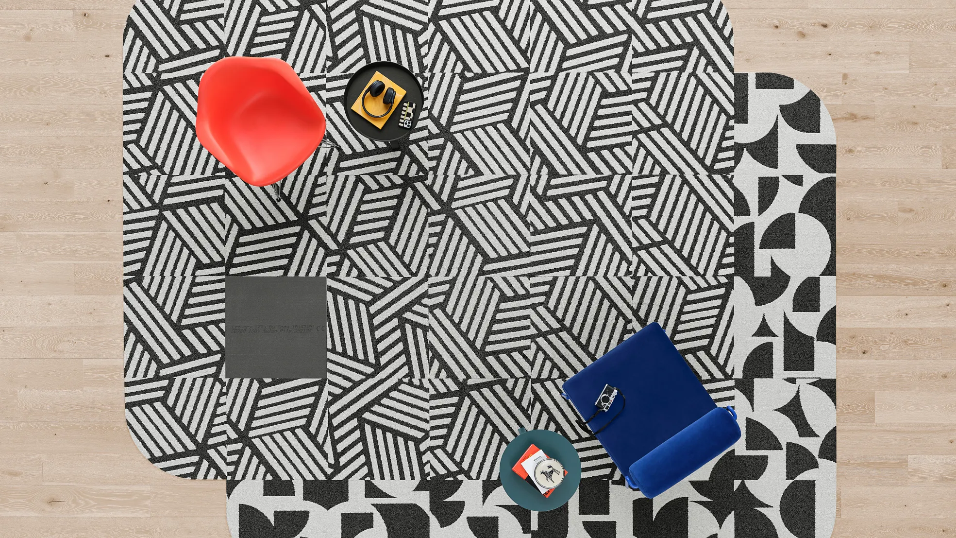 two black and white rugs