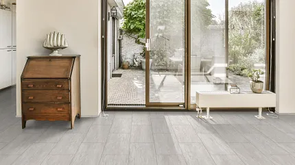 Coretec Residential WPC Luxury Vinyl Tile Flooring - Light Stone Look, 24.02x12.01 inches living room with luxury vinyl tile floor in a light stone look with dimensions of 2402x1201 inches