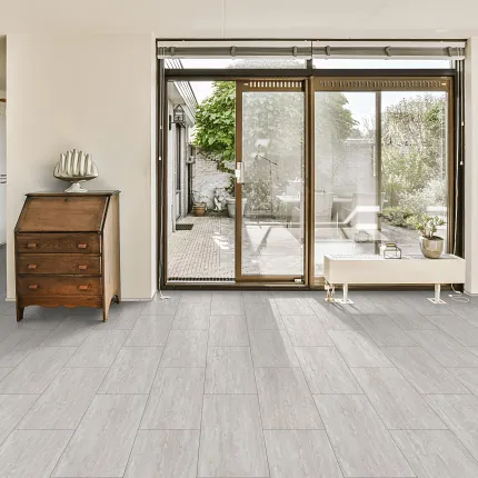 Coretec Residential WPC Luxury Vinyl Tile Flooring - Light Stone Look, 24.02x12.01 inches living room with luxury vinyl tile floor in a light stone look with dimensions of 2402x1201 inches